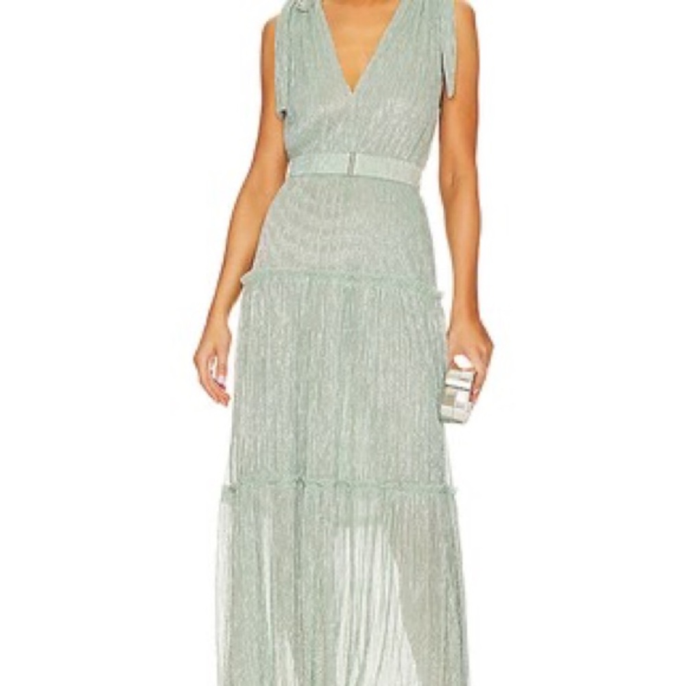 Sabina Musayev x Revolve Helena Dress; Green Pleated Tiered Maxi Dress